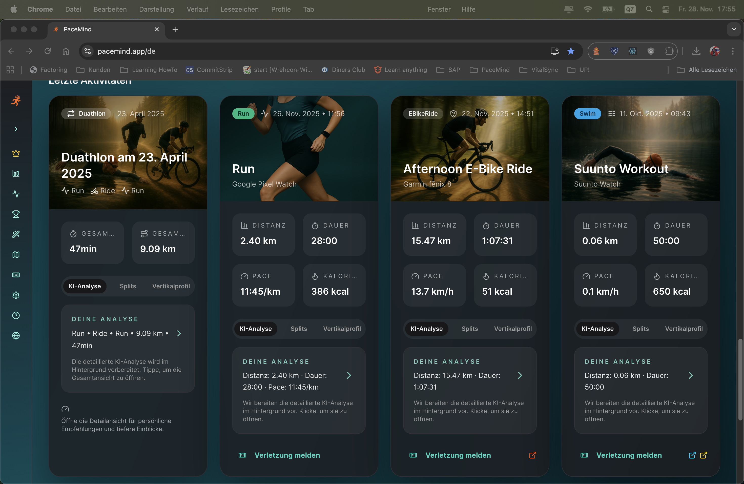 Aktivitätsliste mit Laufen, Schwimmen, Radfahren und Multisport